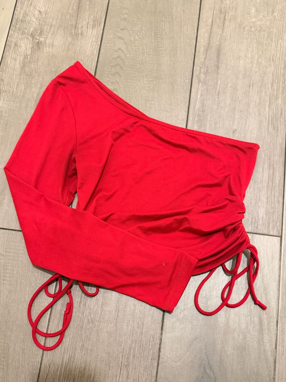 Ambiance Red One-Shoulder Ruched Drawstring Crop Top - Picture 3 of 6